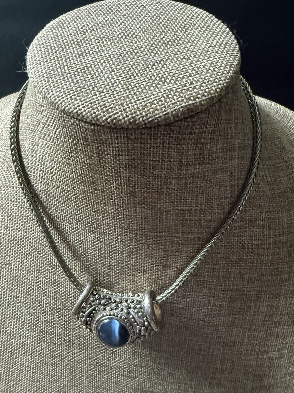 Vintage Blue Cats Eye Statement Necklace Silver Tone Foxtail 17” Chunky Event